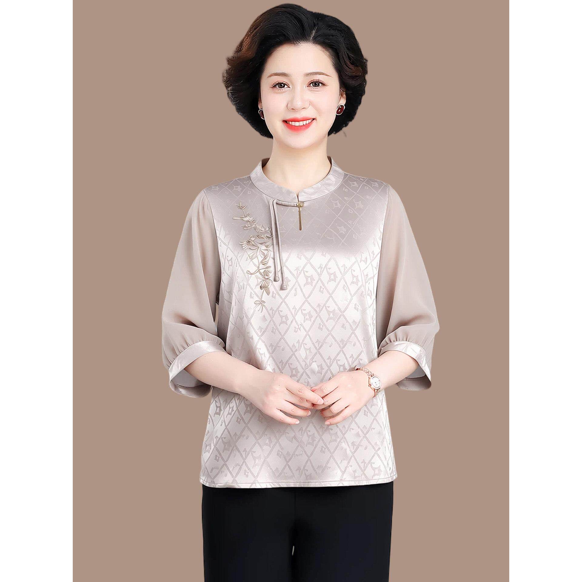 妈妈夏季时尚雪纺上衣服中年女装夏装中袖T恤中老年国风新款套装