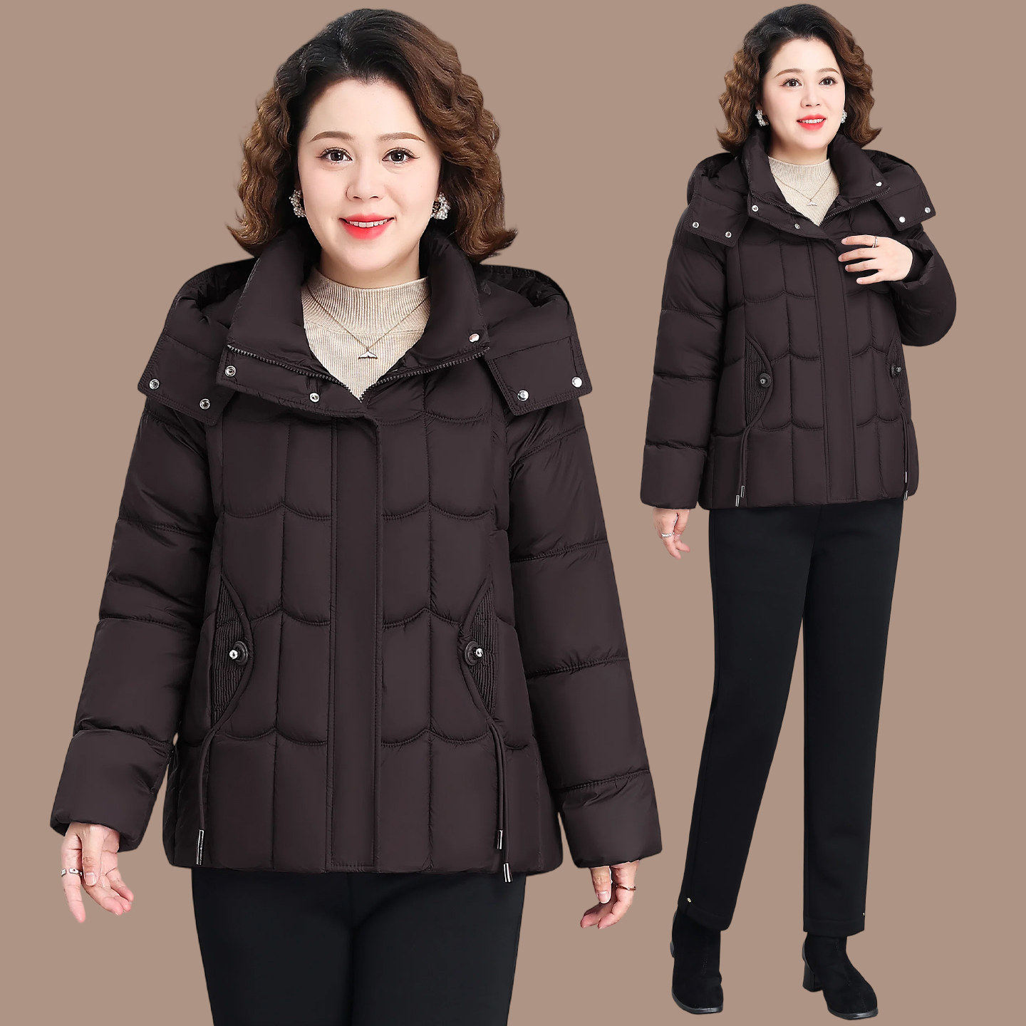 2026中老年妈妈冬装连帽羽绒棉服短款加厚中老年女装保暖大码棉衣