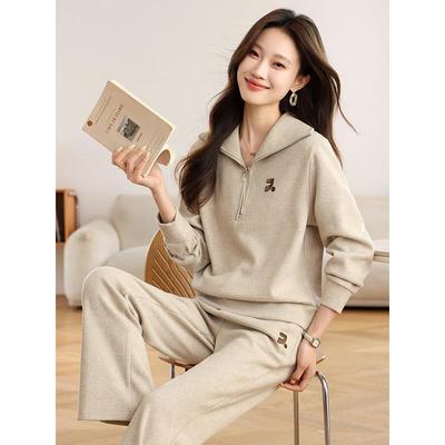 荷叶领阔腿裤两件套潮休闲套装女2025新款春秋时尚洋气卫衣翻领