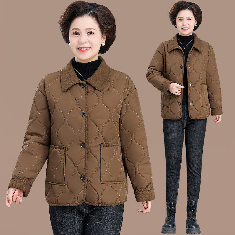 妈妈秋冬夹棉棉衣外套2026新款中老年女冬装轻薄翻领羽绒棉服短款