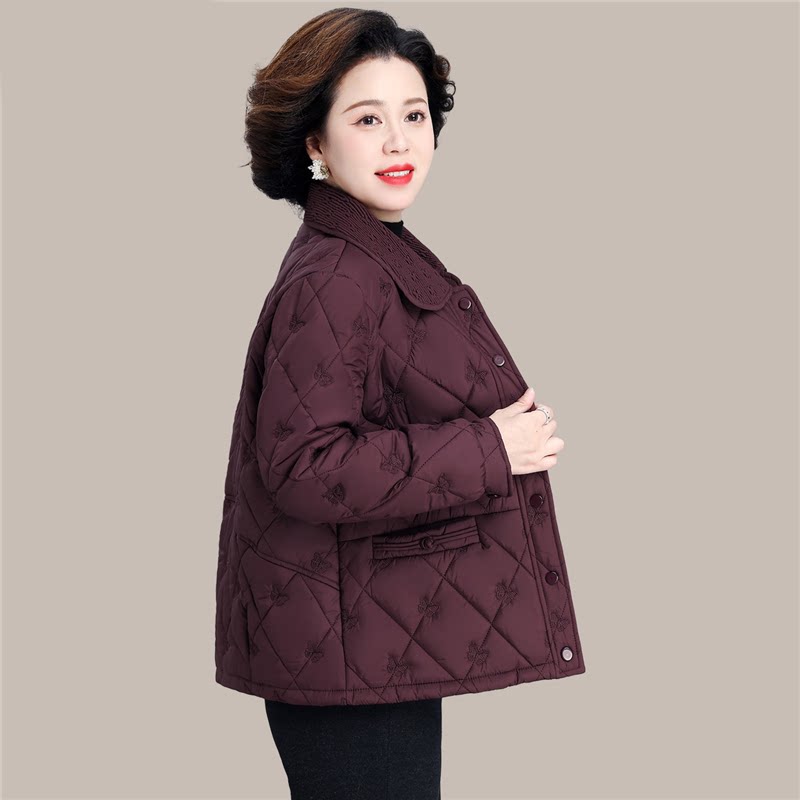 中老年妈妈秋冬羽绒棉服洋气上衣轻薄小棉袄冬季夹棉外套绣花棉衣