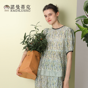 曼诺曼蒂克睡衣女士新款夏锦天丝圆领睡裙森系短袖印花家居服套装