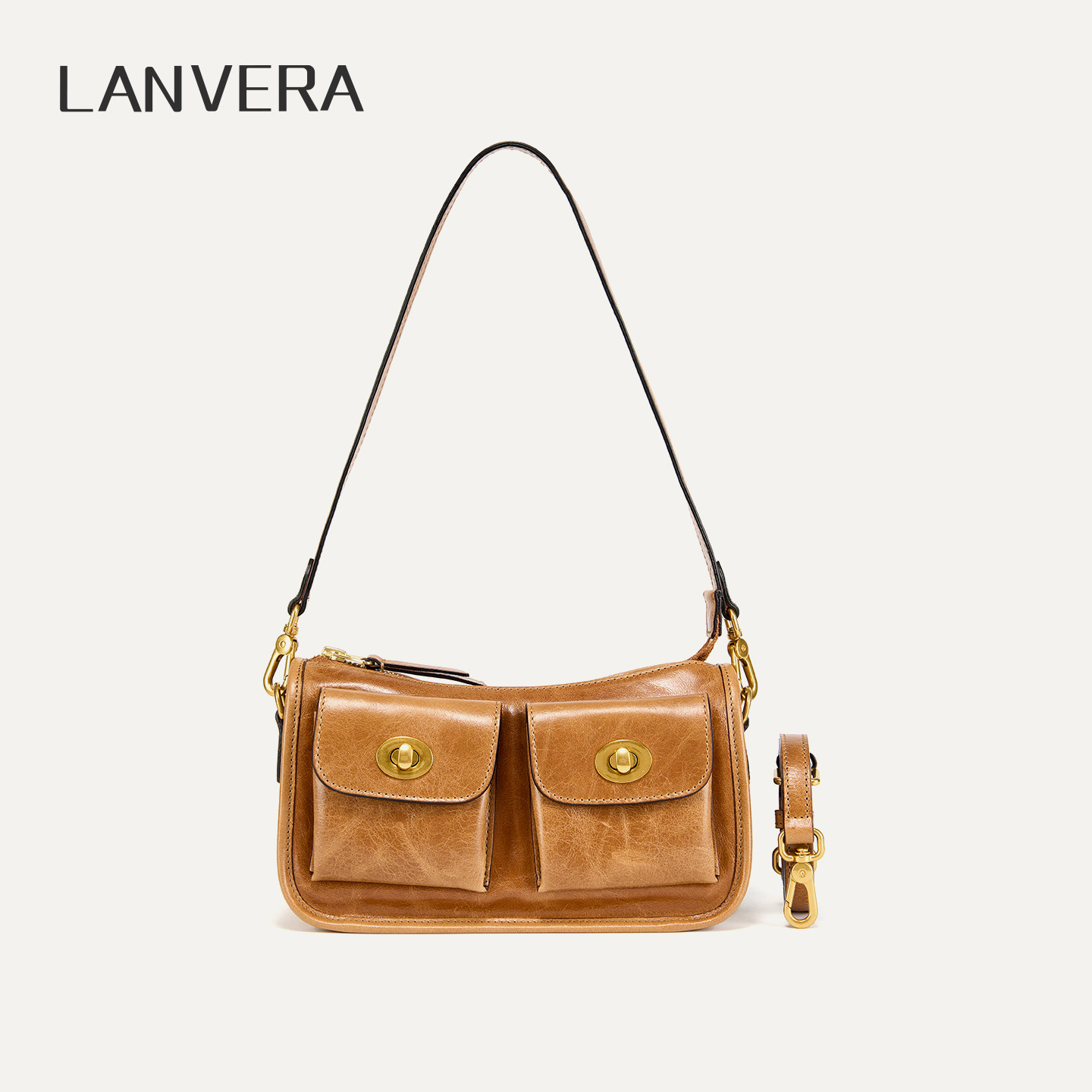 LANVERA头层油蜡牛皮大容量腋下