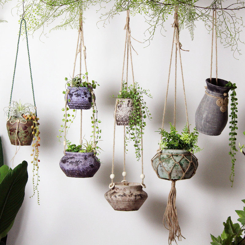 [天朗星]美式悬挂花器纯手工陶罐田园麻绳吊挂花盆diy粗陶吊兰盆