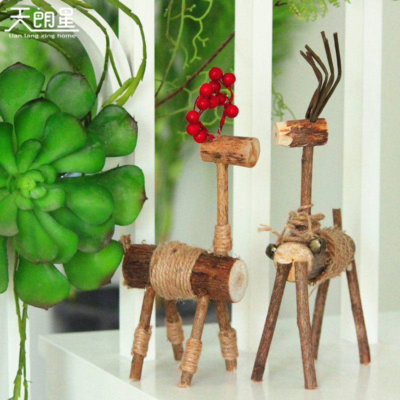 天朗星 美式复古实木情侣小鹿摆件田园一对木鹿木圣诞节装饰品