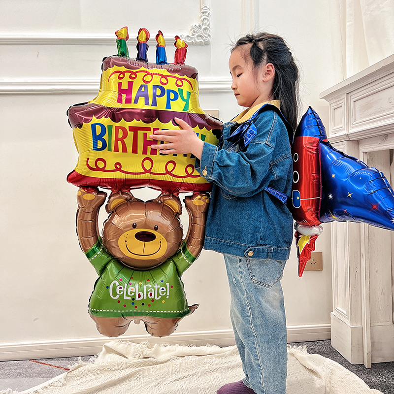 ins托举蛋糕熊气球举起蛋糕的小熊铝膜儿童宝宝生日派对拍照道具