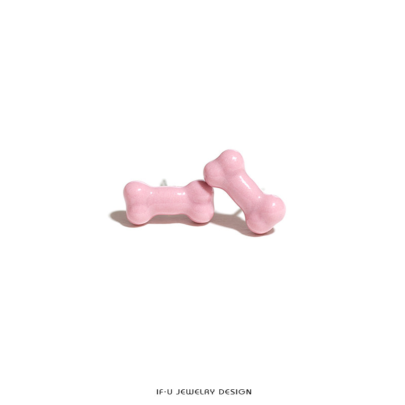 ifu原创首饰品牌可爱骨头耳钉小狗耳线不对称搭配耳饰