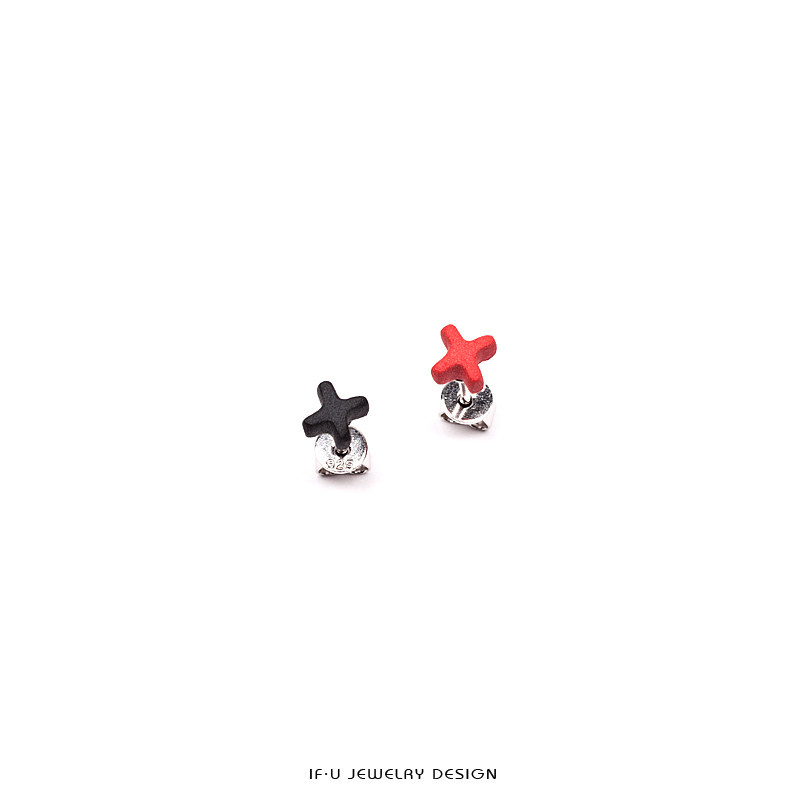 ifu原创首饰品牌迷你陶瓷情侣搭配小xx耳钉红黑色混色潮人特色