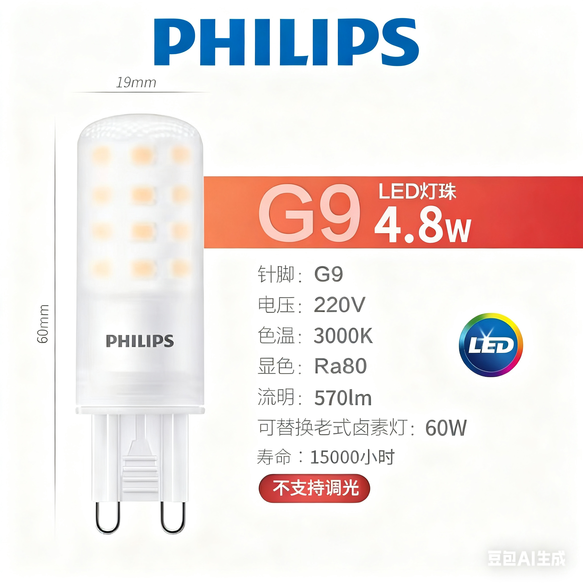 飞利浦led灯珠G9暖光射灯插脚光源220v高压节能灯泡替换卤钨60w