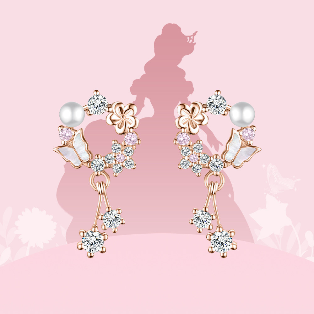 迪士尼新款花开蝶舞之梦耳钉S925银不易过敏小众轻奢时尚女款耳饰