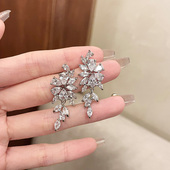 FRIDAY JEWELRY定制款 银色锆石树叶流苏气质百搭复古耳饰耳环银针