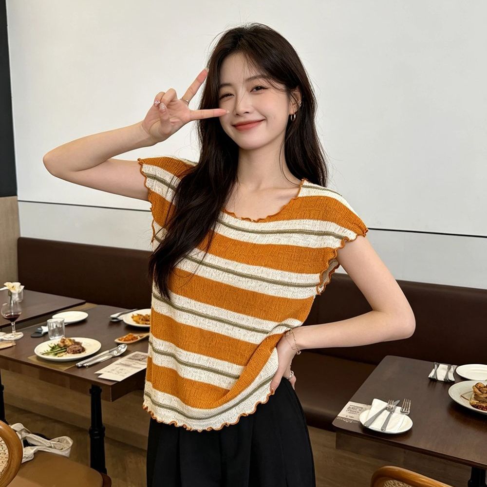 橙白条纹飞飞袖针织衫女生修身短毛针织衫
