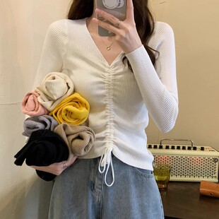 新款春秋冬V领长袖针织衫修身抽绳打底毛衣女套头外穿上衣纯色百