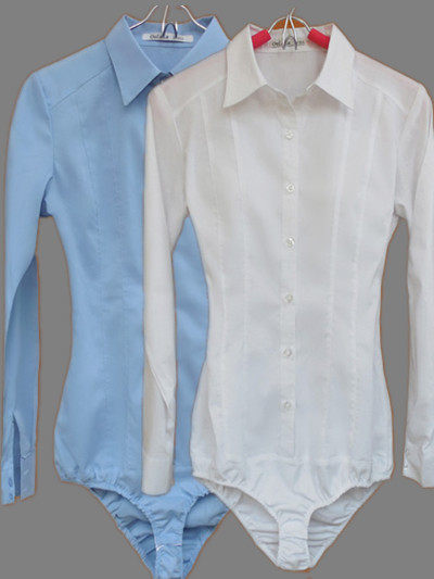 包邮韩版弹力修身短袖长袖白领女OL通勤职业工装连体衬衣连裤衬衫