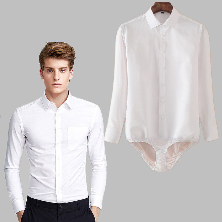 韩版春秋男士短袖连体衬衫白色职业长袖面试 连裤衬衣带裆衬衣