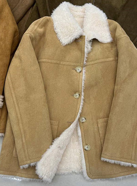 高端真毛全羊毛两面穿翻领皮草女2025冬麂皮绒皮毛一体绵羊毛外套
