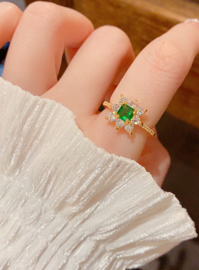 春季新款时尚轻奢设计感满锆绿色太阳花开口戒精致简约百搭食指戒