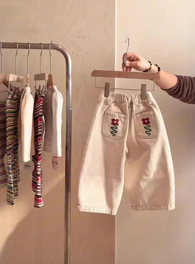 阔腿裤儿童牛仔裤26pippi花朵刺绣春夏纯棉松紧腰百搭休闲裤垂感