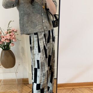 休闲裤 宽松凉感薄款 女2402 复古格子阔腿裤 国风丝滑飘飘裤