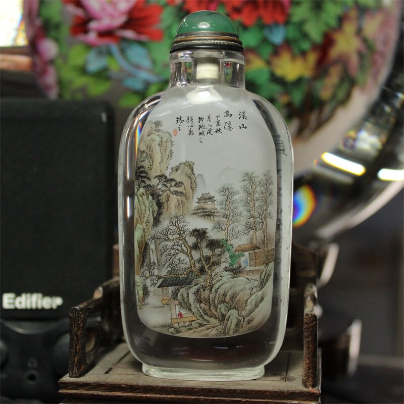 天然水晶内画鼻烟壶纯手工绘画 一丁作品 中国特色收藏品礼品摆件