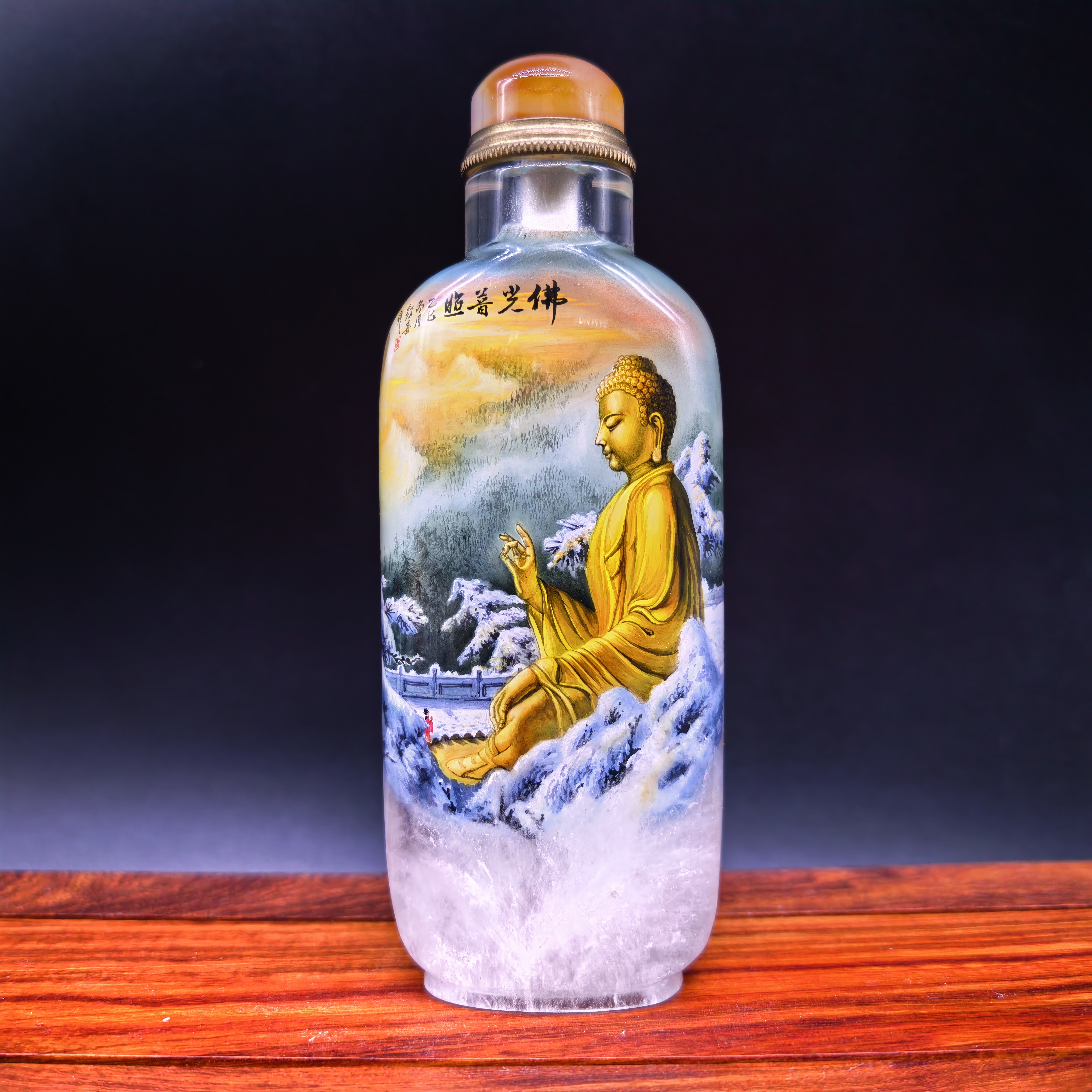 纯手工绘制天然水晶内画鼻烟壶名家红喜作品佛像工艺礼品商务摆件