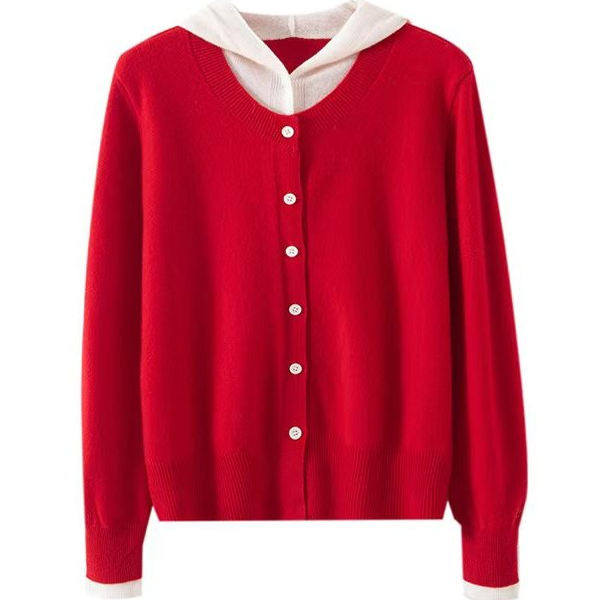 秋冬100%纯羊毛衫女加厚连帽衫休闲针织开衫加厚假两件宽松毛衣