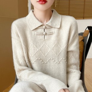 新款女中式羊毛衫100%纯羊毛针织套头POLO领盘扣唐装毛衣长袖外套