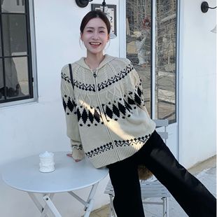 SUNCC自制 氛围慵懒韩系高级气质显瘦百搭翻领毛衣 费尔岛雪景