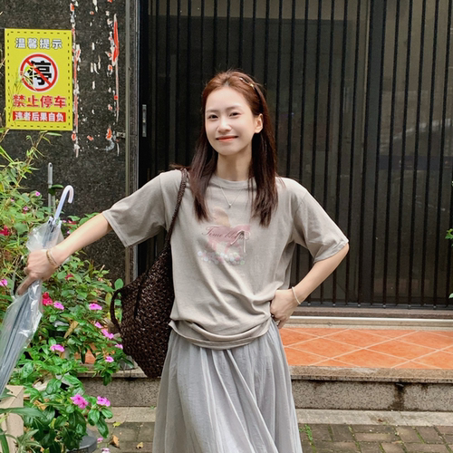 SUNCC自制 小粉马 韩系清新气质休闲百搭宽松卡通印花夏季短袖T恤