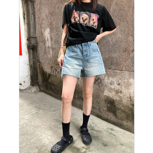 SUNCC自制 女团腿 夏季爆款美式复古毛边高腰显瘦遮胯气质短裤