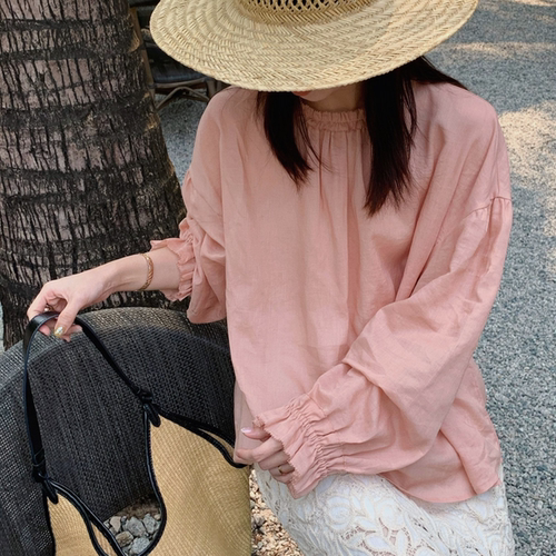 SUNCC自制 玫瑰茶 春夏休闲气质法式花边领宽松长袖小众通勤衬衫