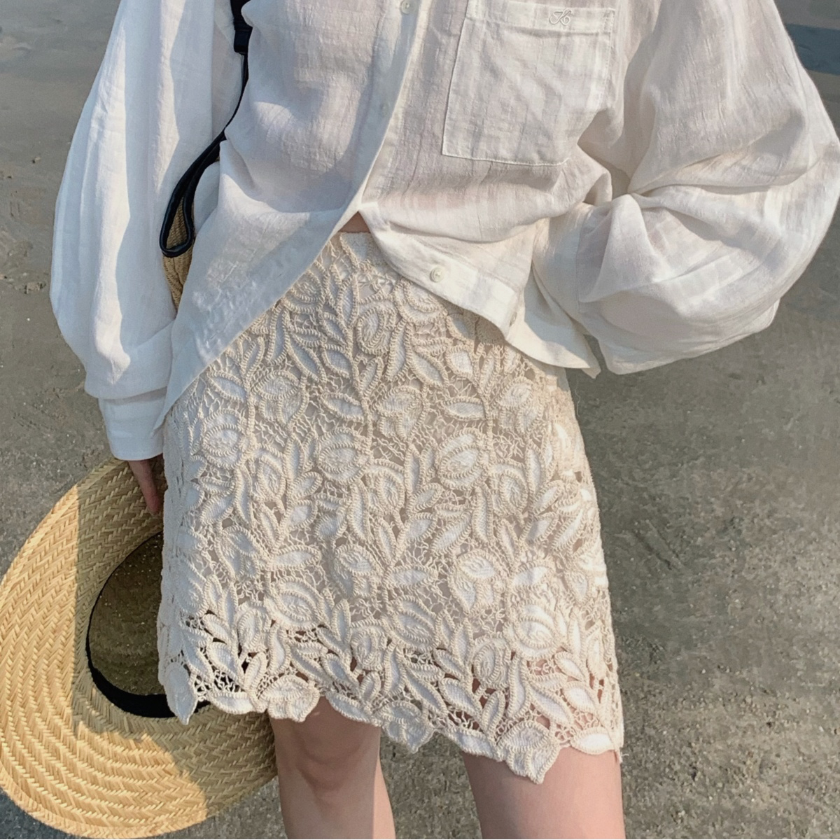 SUNCC自制 执行浪漫 气质休闲宽松韩版春夏显瘦刺绣白色半身裙