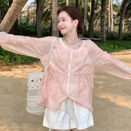 SUNCC自制 芝士桃桃 夏季小众气质休闲百搭提花波点宽松甜美衬衫