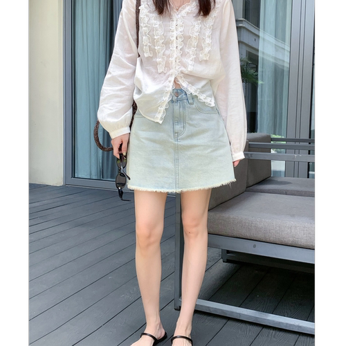 SUNCC自制 绝了 100.棉韩系清新气质休闲百搭显瘦毛边牛仔半身裙