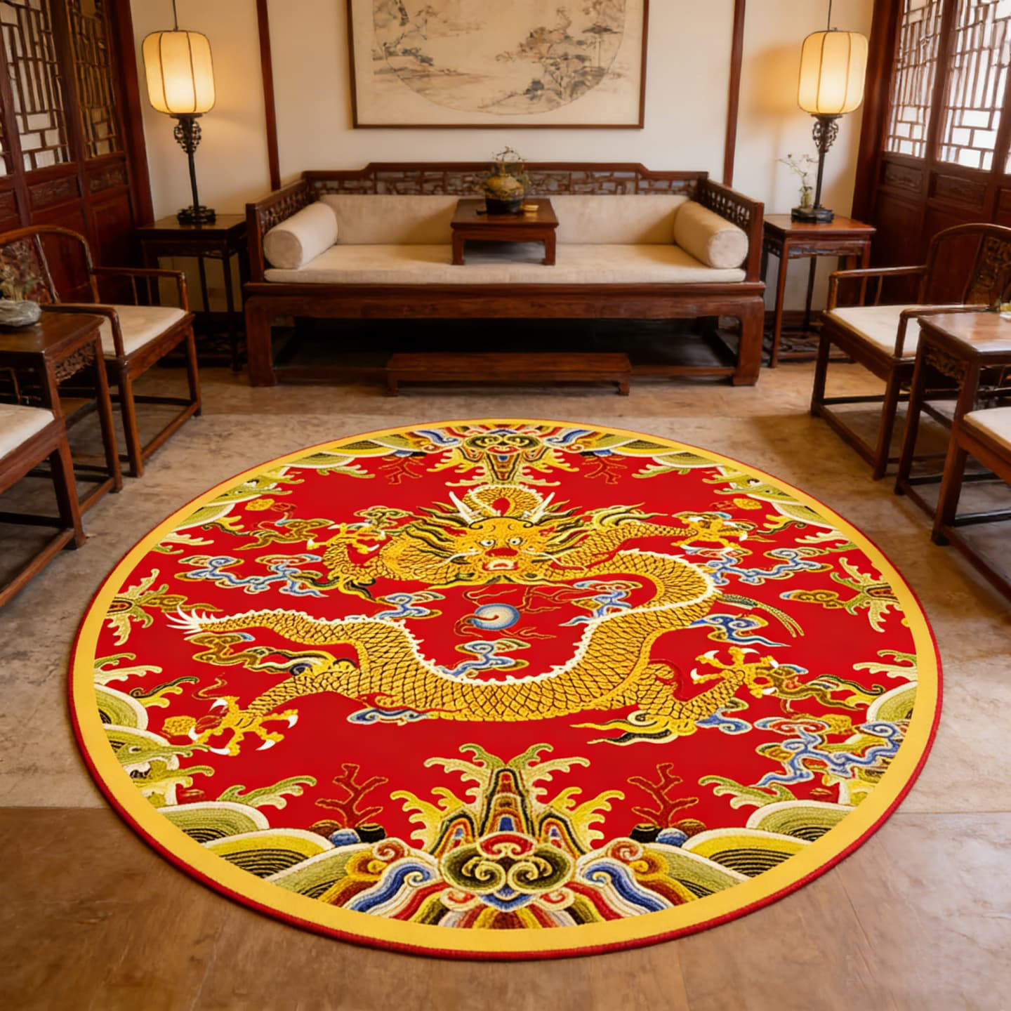 新中式现代客厅圆形地毯地垫电脑椅垫子圆形家用搭配红木家具轻奢