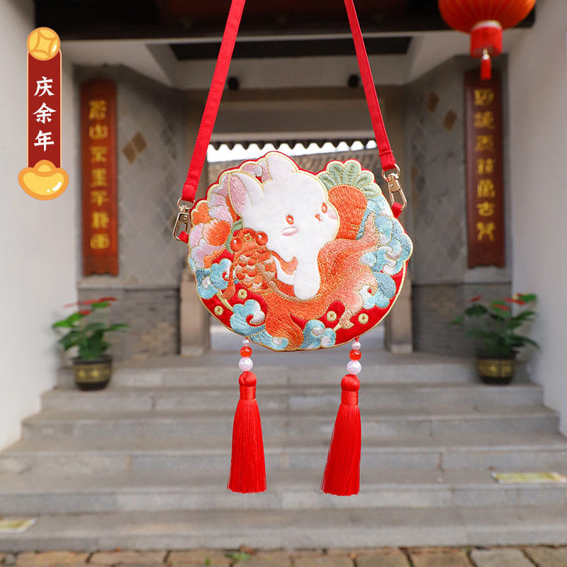 兔年儿童古风汉服斜挎包随身刺绣中国风腰包新年女童百搭流苏荷包