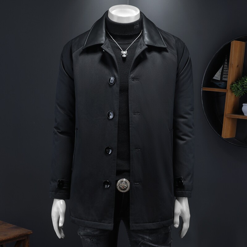 2025冬装90绒落肩宽松型拼皮中长款羽绒服男6006-7201-P300 假模图片