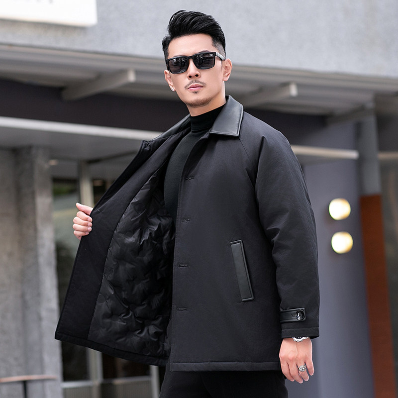 2025冬装90绒落肩宽松型拼皮中长款羽绒服男6006-7201-P300真模,男装羽绒服,钱塘6006(原3029)