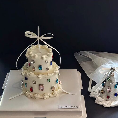 蓝色复古宝石蛋糕彩色钻石宝石水晶丝带女神生日派对烘焙摆件装扮