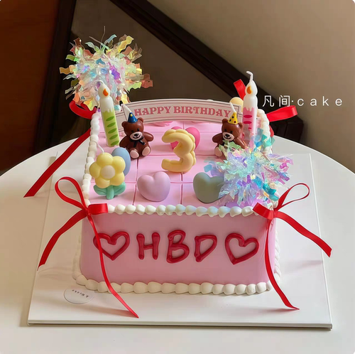 网红韩系ins复古小熊插旗镭射雨丝烘焙甜品插牌蜡烛生日蛋糕装饰