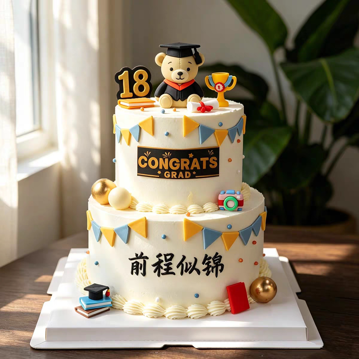 网红毕业快乐烘焙蛋糕装饰摆件可爱博士帽小熊奖杯学士帽书卷插件