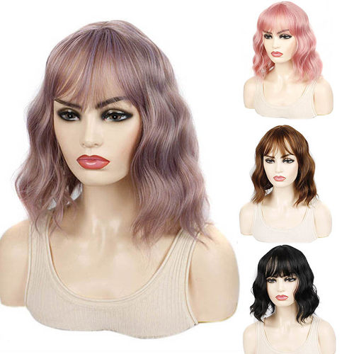 假发头套水波纹卷短发BOBO头紫色粉色 Wavy Hair Wig for Grils