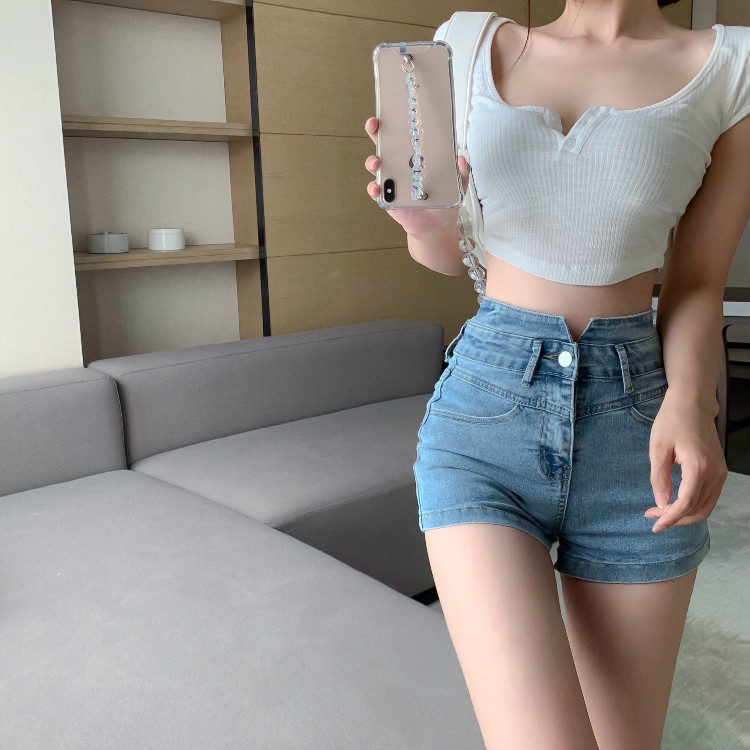 Summer new style Hong Kong style high waist slim stretch denim shorts women's hot pants fashion
