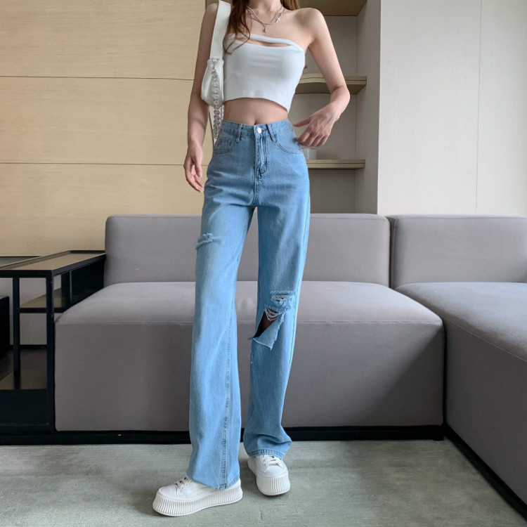 Real shot real price summer new Hong Kong style fashion hole cut loose show thin wide leg pants beggar jeans