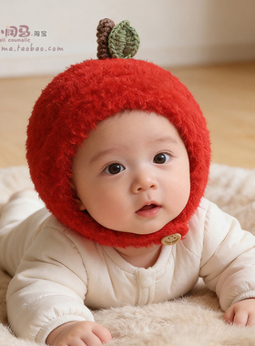 婴儿红色帽子秋冬季小月龄毛绒帽6到12个月男女宝宝外出厚保暖帽5
