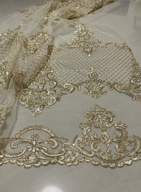金色车骨绣花蕾丝网纱面料DIY婚纱礼服装设计师布料高端