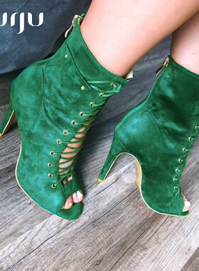 burju-Deja Vu绿色爵士短靴,heels系带高跟鞋，拉丁舞蹈鞋