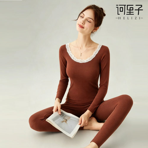 诃里子蕾丝大圆领保暖内衣套装女