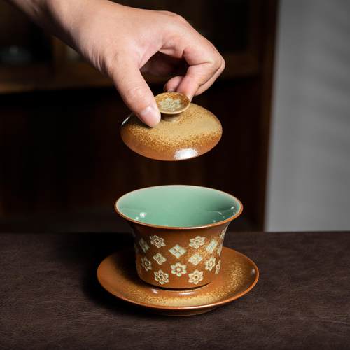本土斋 梅子青草木灰双釉高端茶具盖碗 宝相花手工马蹄三才盖碗