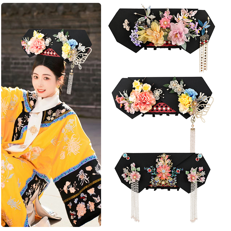 古风旗头大拉翅绢花流苏缠花配饰